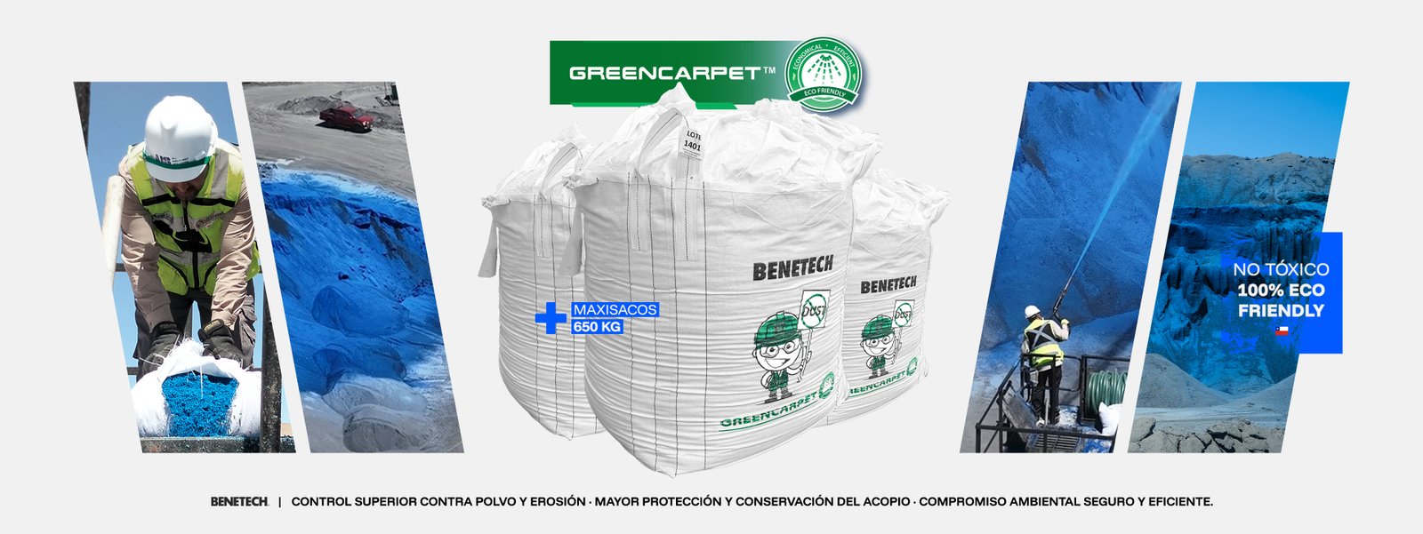 GreenCarpet Benetech para control de polvo, erosión y protección ambiental en operaciones industriales